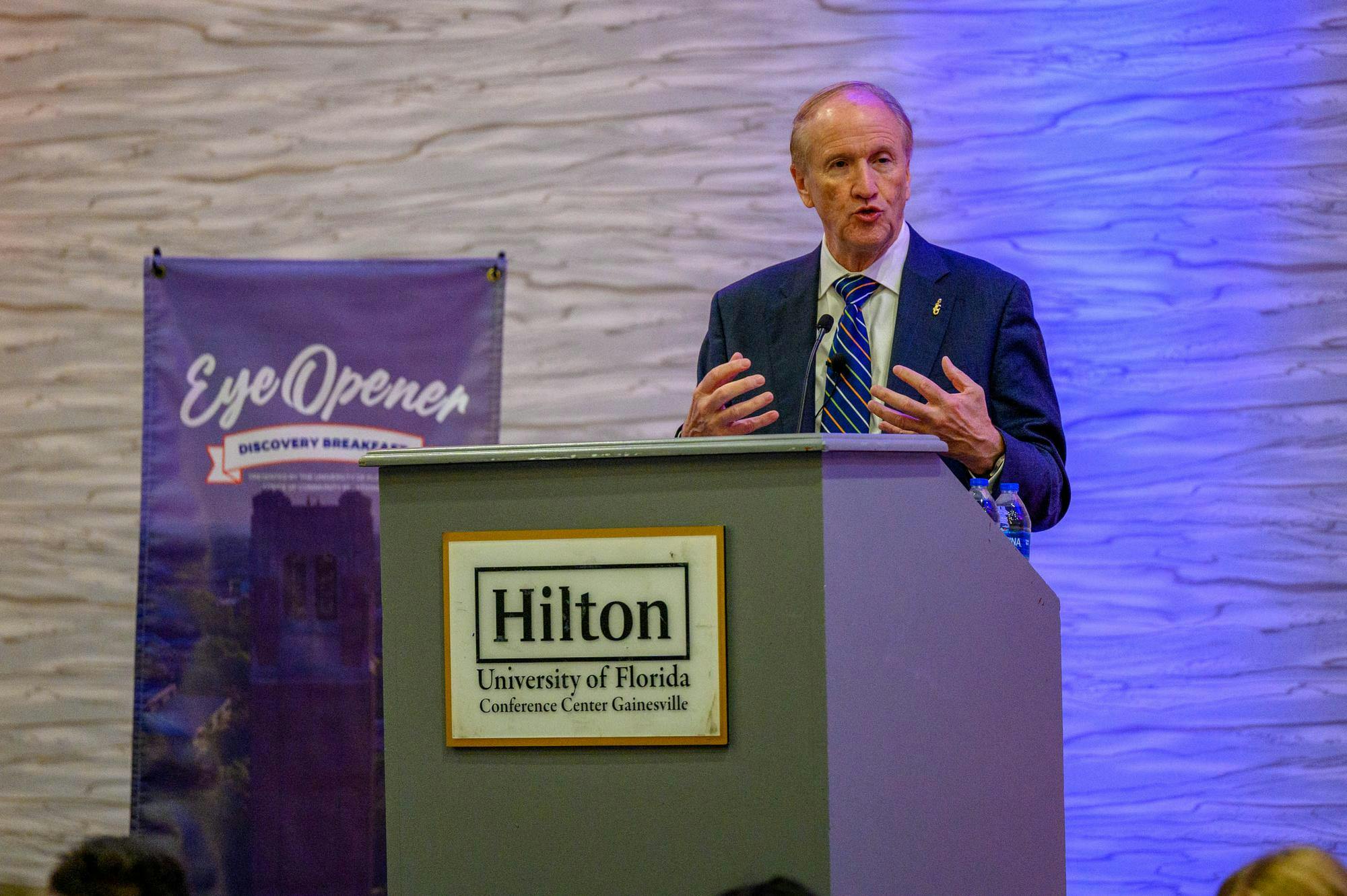 President Dr. Stuart Bell speaks to a crowd at the UF Hilton Conference Center, Thursday, Sept. 24, 2026, in Gainesville, Fla.