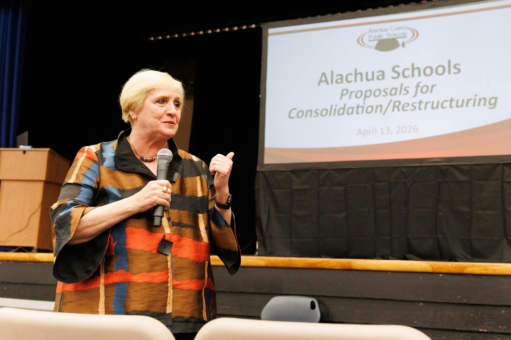 Alachua County Superintendent Kamela Patton speaks at a community rezoning input meeting at A.L. Mebane Middle School in Alachua, Fla., Monday, April 13, 2026.