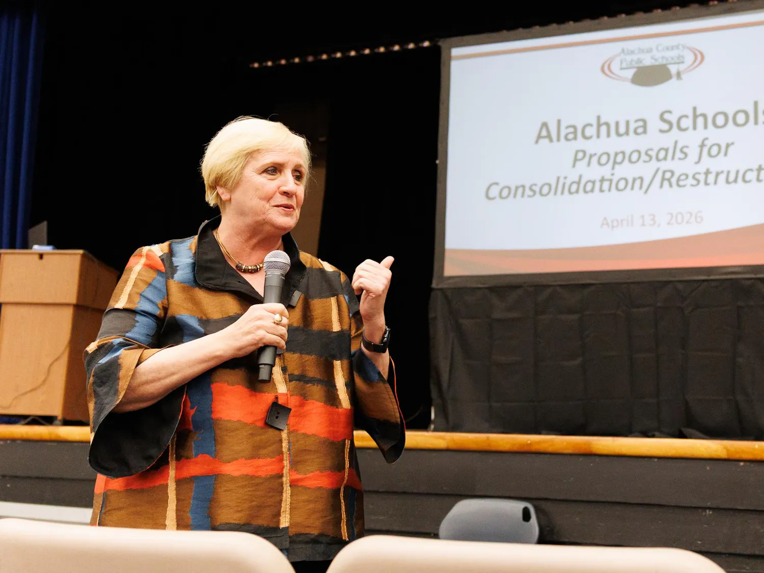 Alachua County Superintendent Kamela Patton speaks at a community rezoning input meeting at A.L. Mebane Middle School in Alachua, Fla., Monday, April 13, 2026.