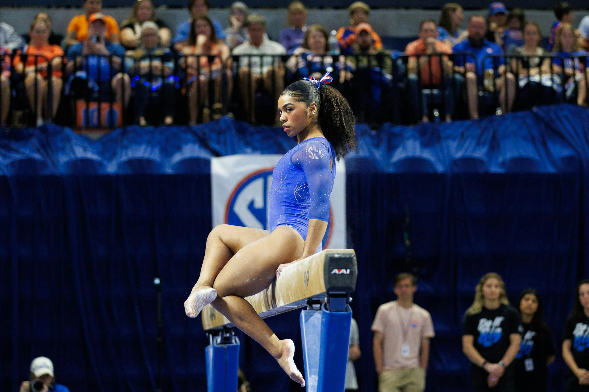 Florida gymnast eMjae Frazier performs on the balance beam during an NCAA gymnastics meet against Louisiana State University, Sunday, March 8, 2026, in Gainesville, Fla.