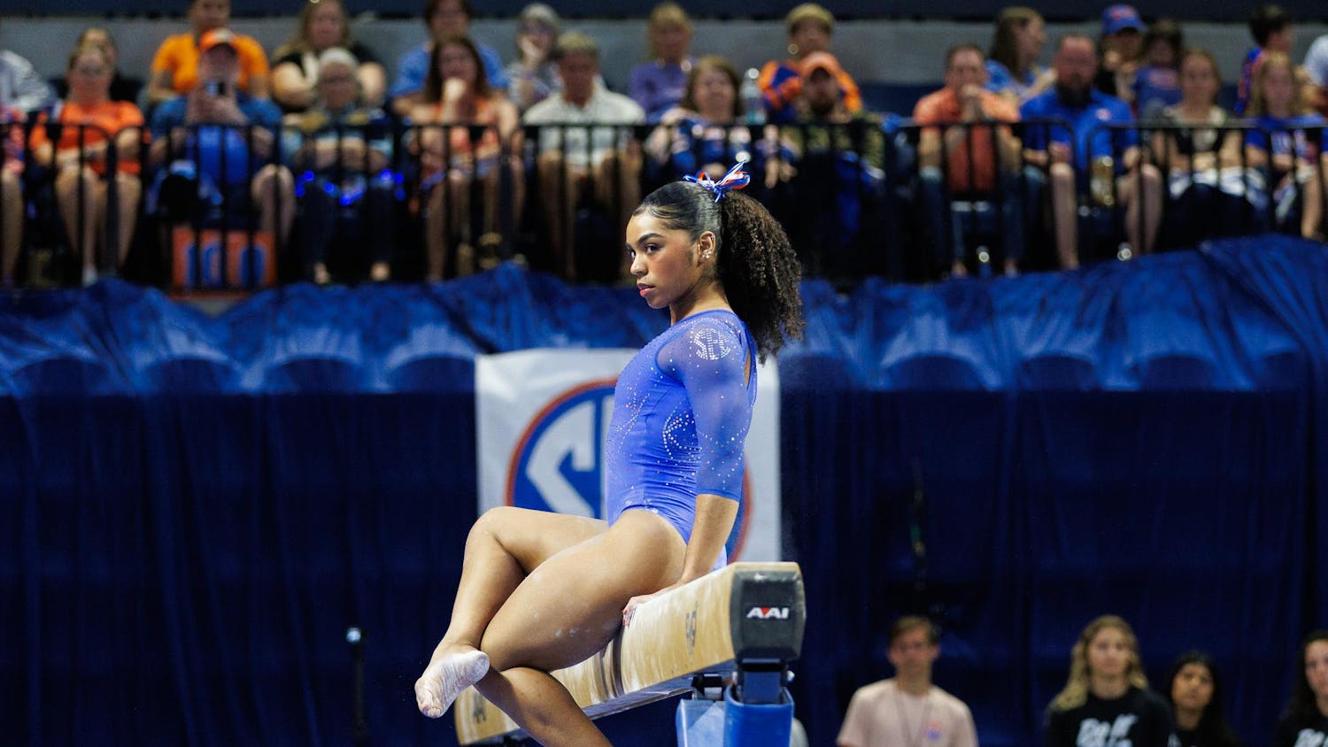 Florida gymnast eMjae Frazier performs on the balance beam during an NCAA gymnastics meet against Louisiana State University, Sunday, March 8, 2026, in Gainesville, Fla.