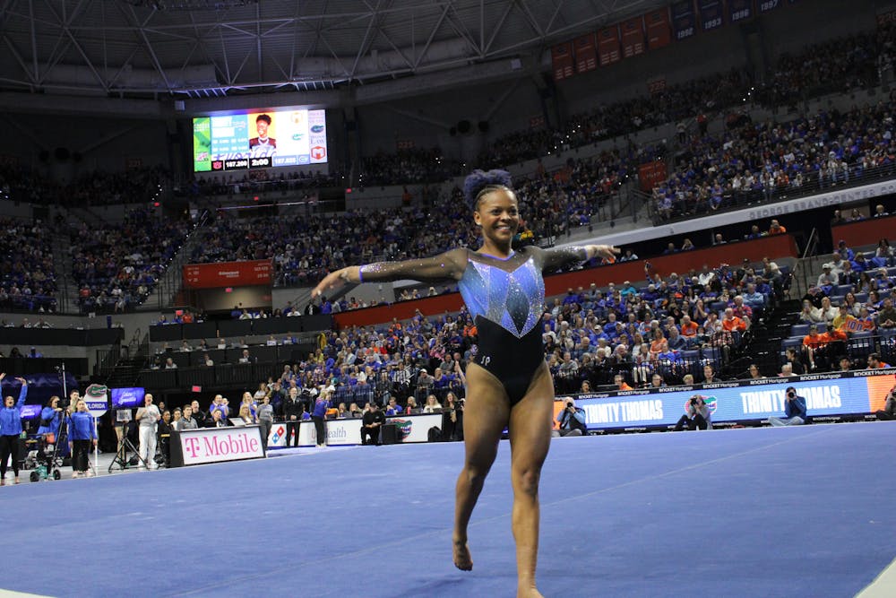 Florida gymnast Trinity Thomas performs her floor routine in the Gators' 197.825-197.200 victory over the No. 5 Auburn Tigers Friday, Jan. 13, 2023.