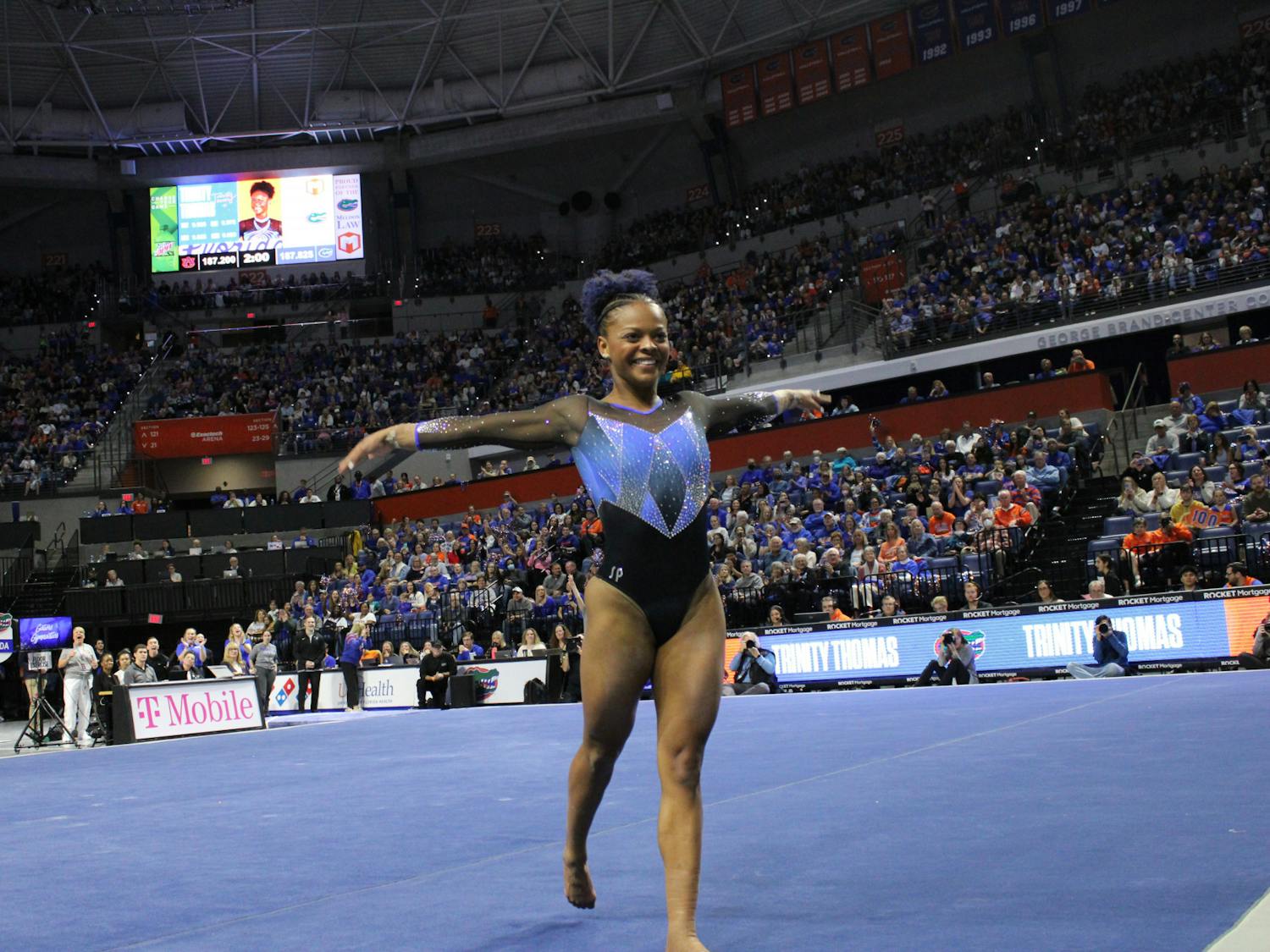 Florida gymnast Trinity Thomas performs her floor routine in the Gators' 197.825-197.200 victory over the No. 5 Auburn Tigers Friday, Jan. 13, 2023.
