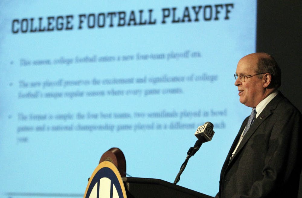 College Football Playoff executive director Bill Hancock speaks to the media at the Southeastern Conference Media Days on Wednesday in Hoover, Ala. 