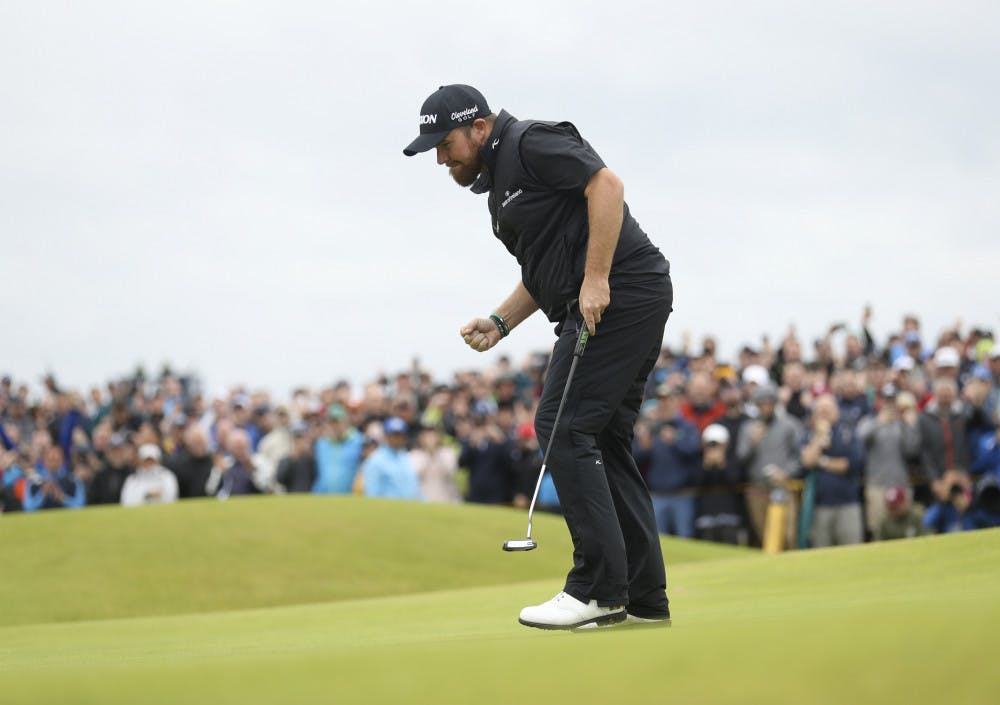 Ireland's Shane Lowry reacts after making a birdie on the 15th green during the final round of the British Open Golf Championships at Royal Portrush in Northern Ireland, Sunday, July 21, 2019.