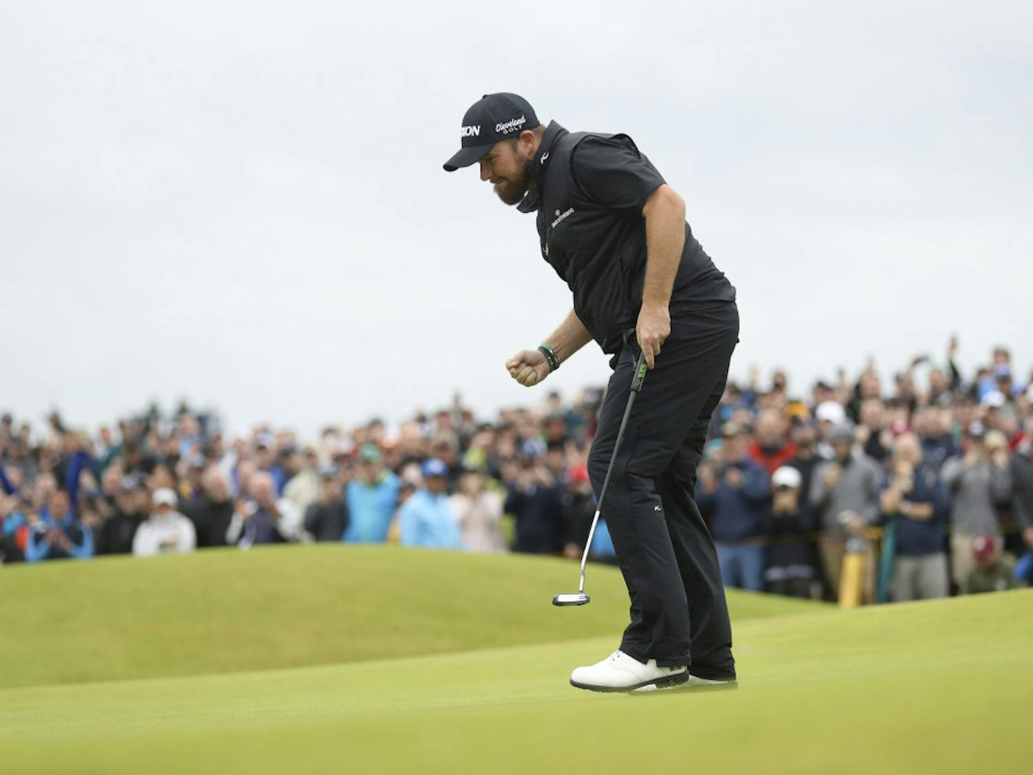 Ireland's Shane Lowry reacts after making a birdie on the 15th green during the final round of the British Open Golf Championships at Royal Portrush in Northern Ireland, Sunday, July 21, 2019.