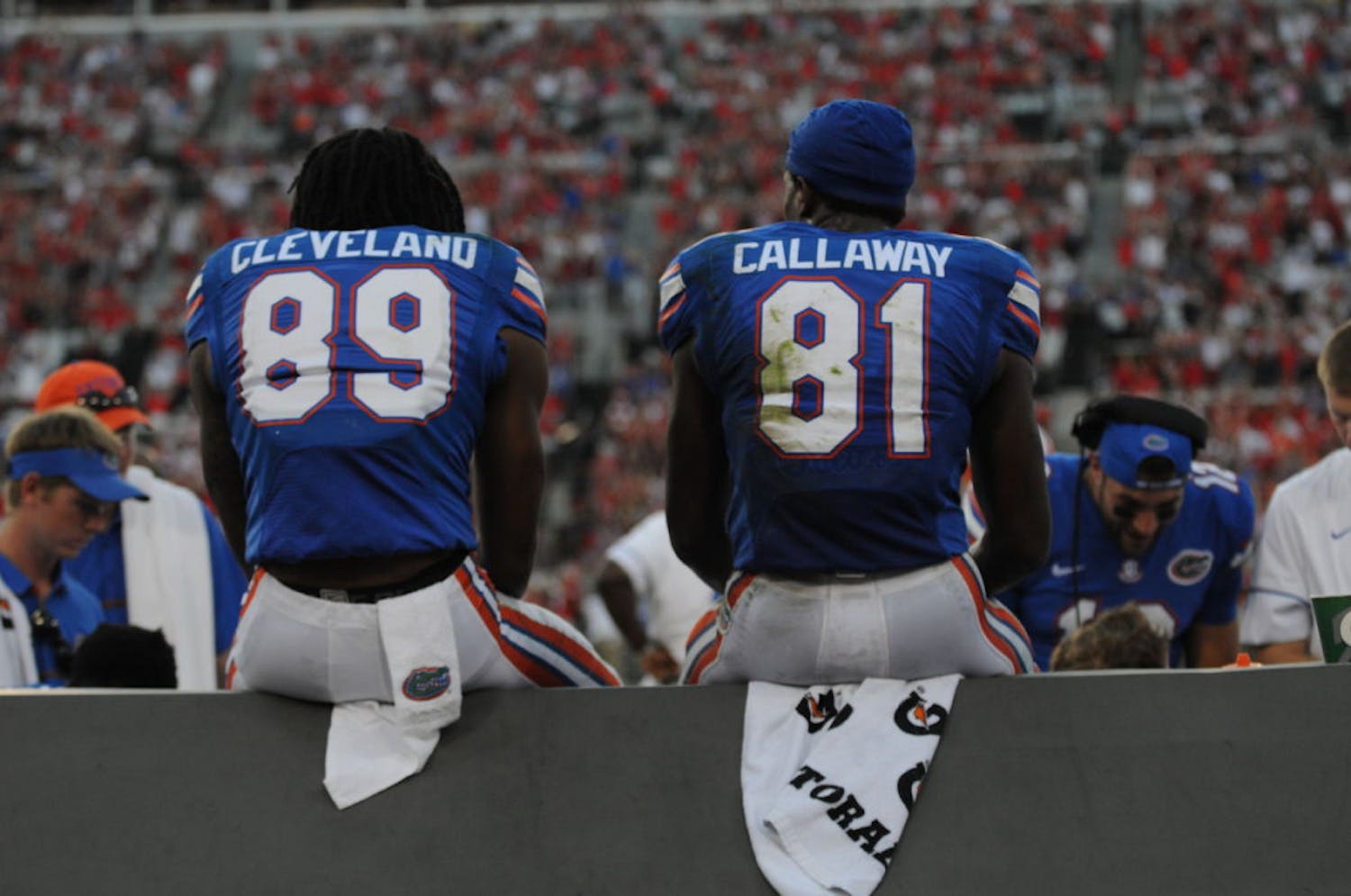Antonio Callaway and Tyrie Cleveland sit on the sidelines during Florida's 24-10 win against Georgia on Oct. 29, 2016, at EverBank Field.