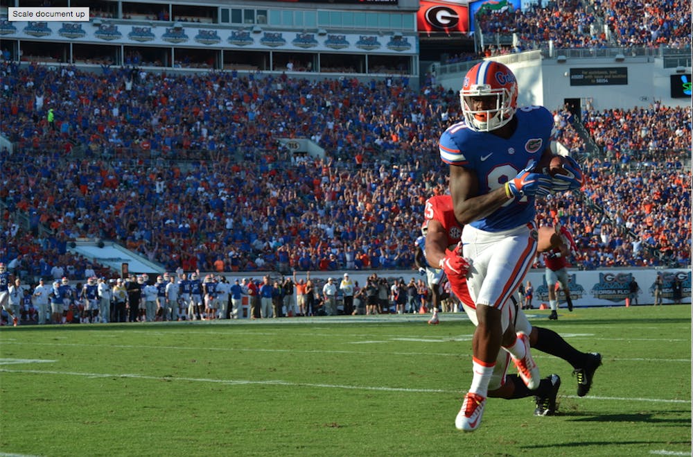 <p>UF wide receiver Antonio Callaway dashes for the end zone for a touchdown during Florida's 27-3 win against Georgia on Oct. 31, 2015, at EverBank Field in Jacksonville.</p>