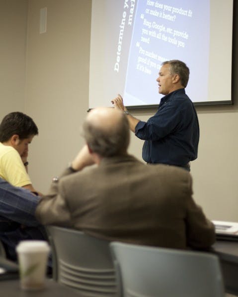 Brian Johnson, a "start-up evangelist" from Microsoft Corp., gives a presentation at the Technology Entrepreneur BootCamp.