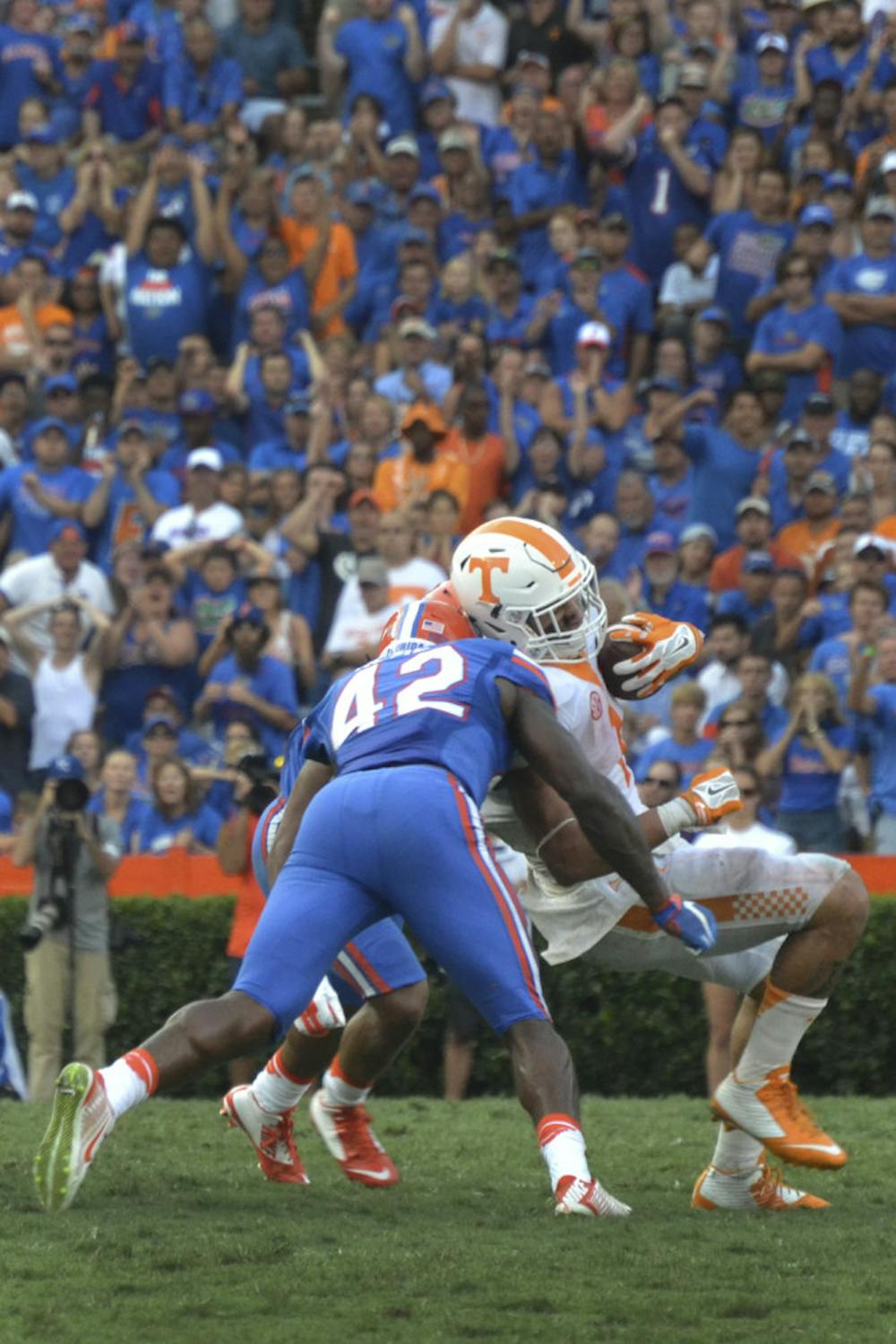 <p>UF safety Keanu Neal makes a tackle during Florida's 28-27 win against Tennessee on Sept. 26, 2015, at Ben Hill Griffin Stadium.</p>