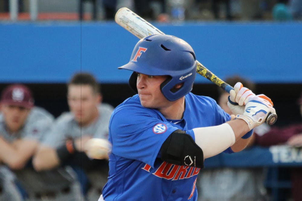 Deacon Liput bats during Florida's 10-4 loss to Mississippi State on April 9, 2016, at McKethan Stadium.