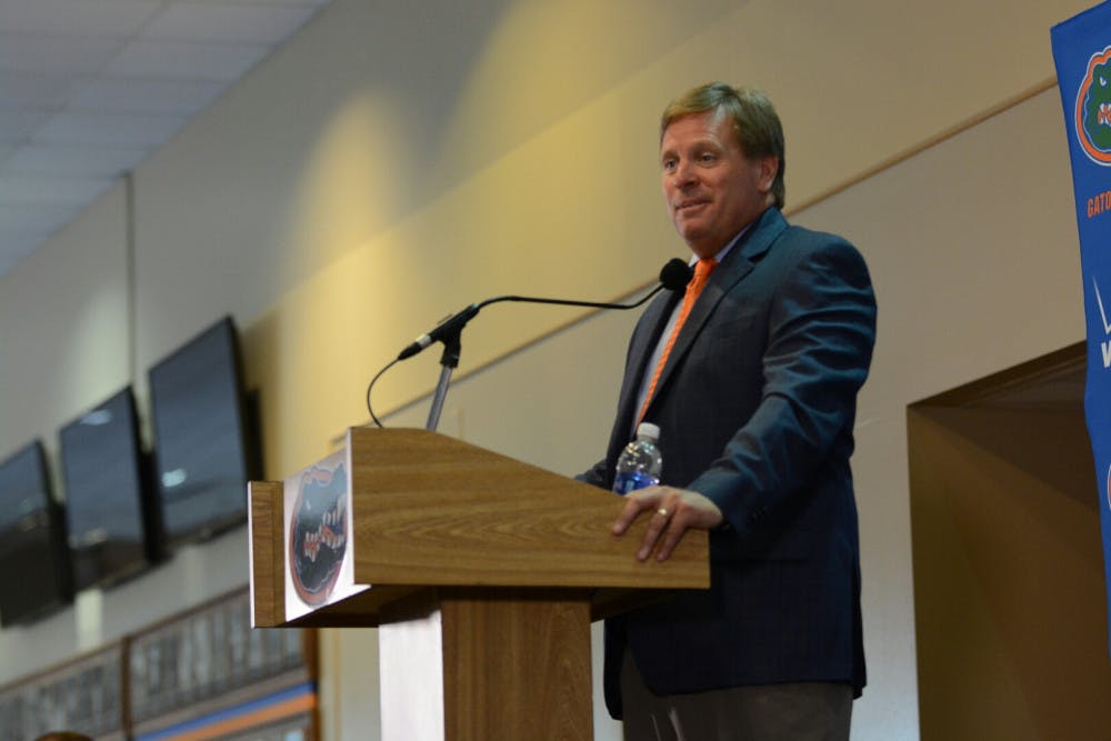 UF football coach Jim McElwain speaks during UF's media day on Wednesday at Touchdown Terrace in Ben Hill Griffin Stadium.