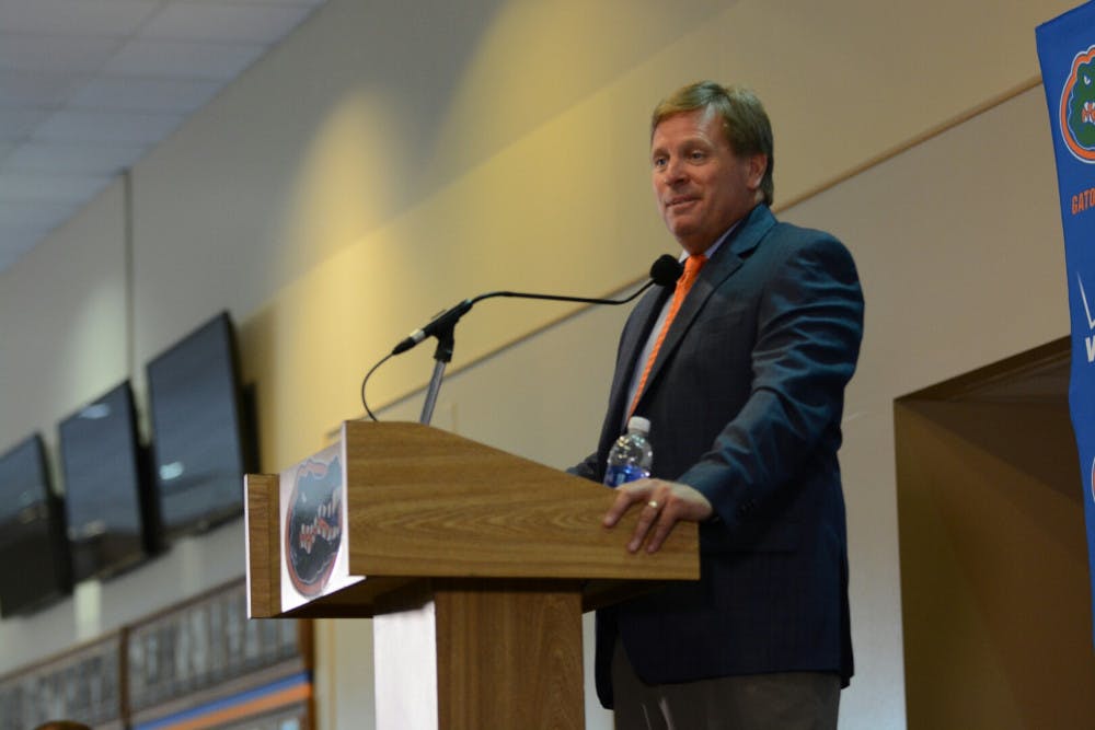 <p><span>UF football coach Jim McElwain speaks during UF's media day </span><span><span class="aBn"><span class="aQJ">on Wednesday</span></span></span><span> at Touchdown Terrace in Ben Hill Griffin Stadium.</span></p>