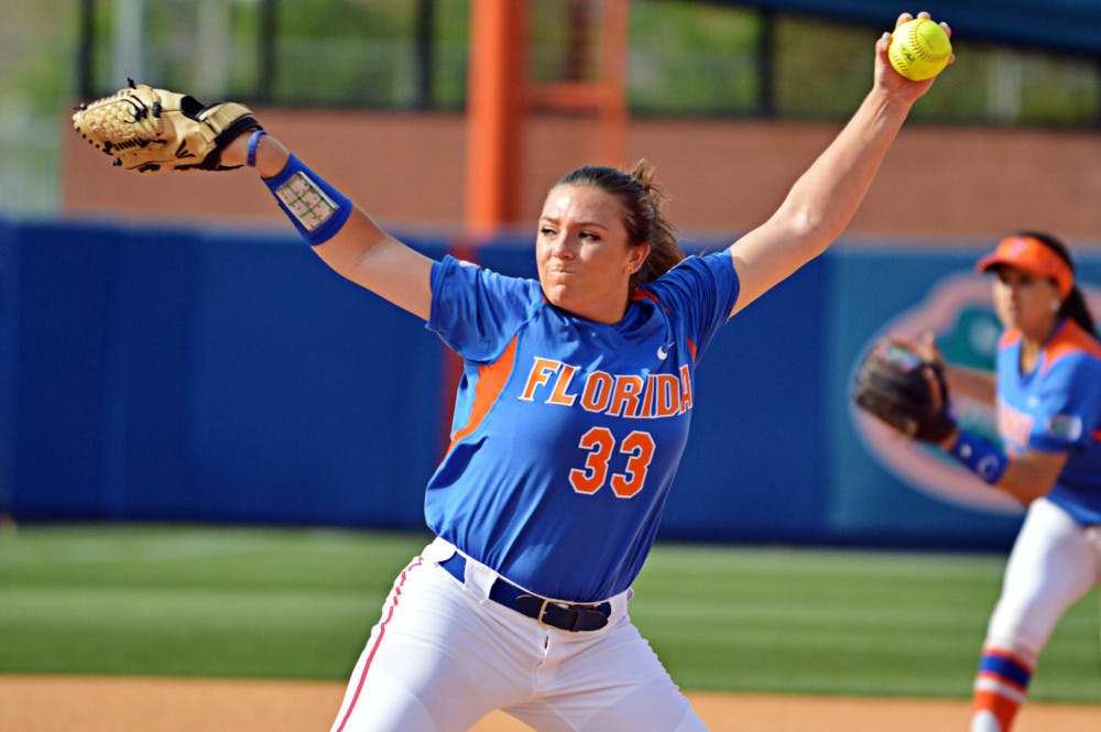 <p>Delanie Gourley pitches during Florida's 7-6 win against Auburn on April 5 at Katie Seashole Pressly Stadium. Gourley threw her first collegiate no-hitter in UF's 8-0 win against FAMU on Friday in the NCAA Regionals.</p>