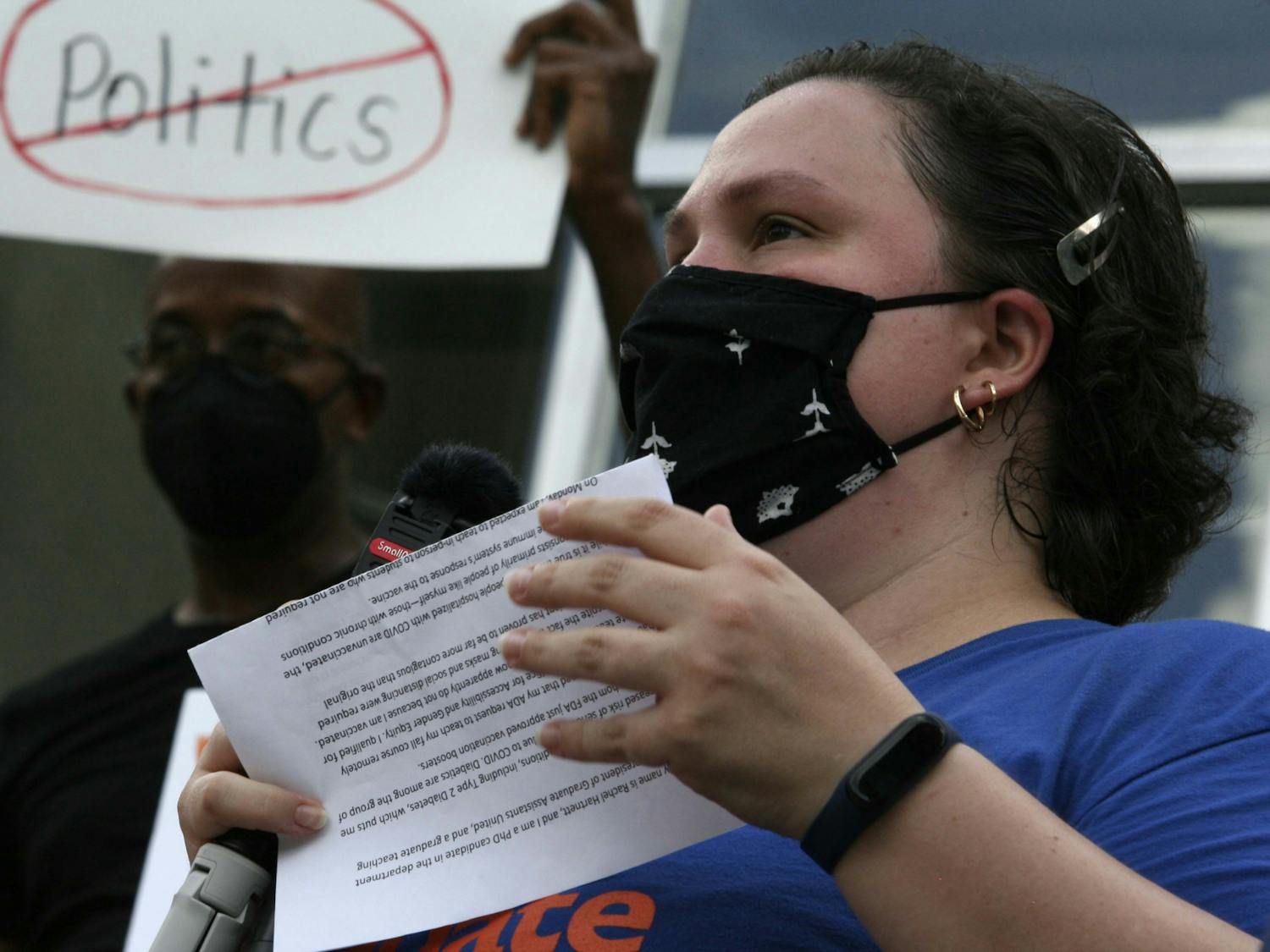 United Faculty of Florida and UF Graduate Assistants United members gathered at Tigert Hall on Friday, August 20, 2021 to protest the lack of COVID-19 precautions in place for the upcoming fall semester at UF . UFF and UF-GAU brought a list of four demands to the protest:
Three weeks of online classes as soon as possible to allow time for students to get vaccinated
Vaccines required and twice weekly testing for those with exemptions
Mask mandate for all indoor activities and large outdoor activities
Honest and detailed COVID-19 statistics, including daily updates
Several speakers talked during the protest, including Gainesville City Commissioner David Arreola, Alachua County Education Association President Carmen Ward, UF professors and graduate assistants.