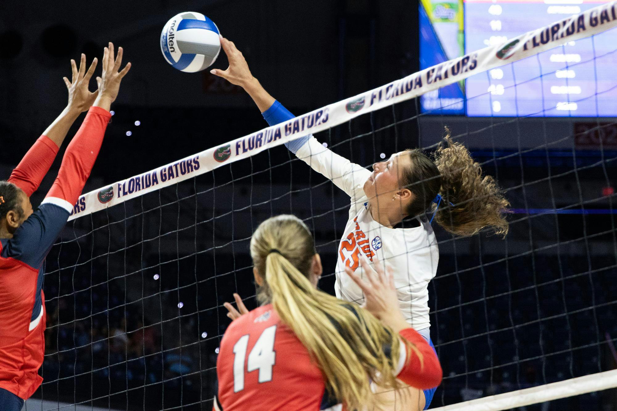 Alec Rothe (25) attacks the ball during the Gators’ matchup against Stony Brook for their homeopener, Aug. 30, 2026 at the Stephen C. O’Connell Center in Gainesville, Fla.