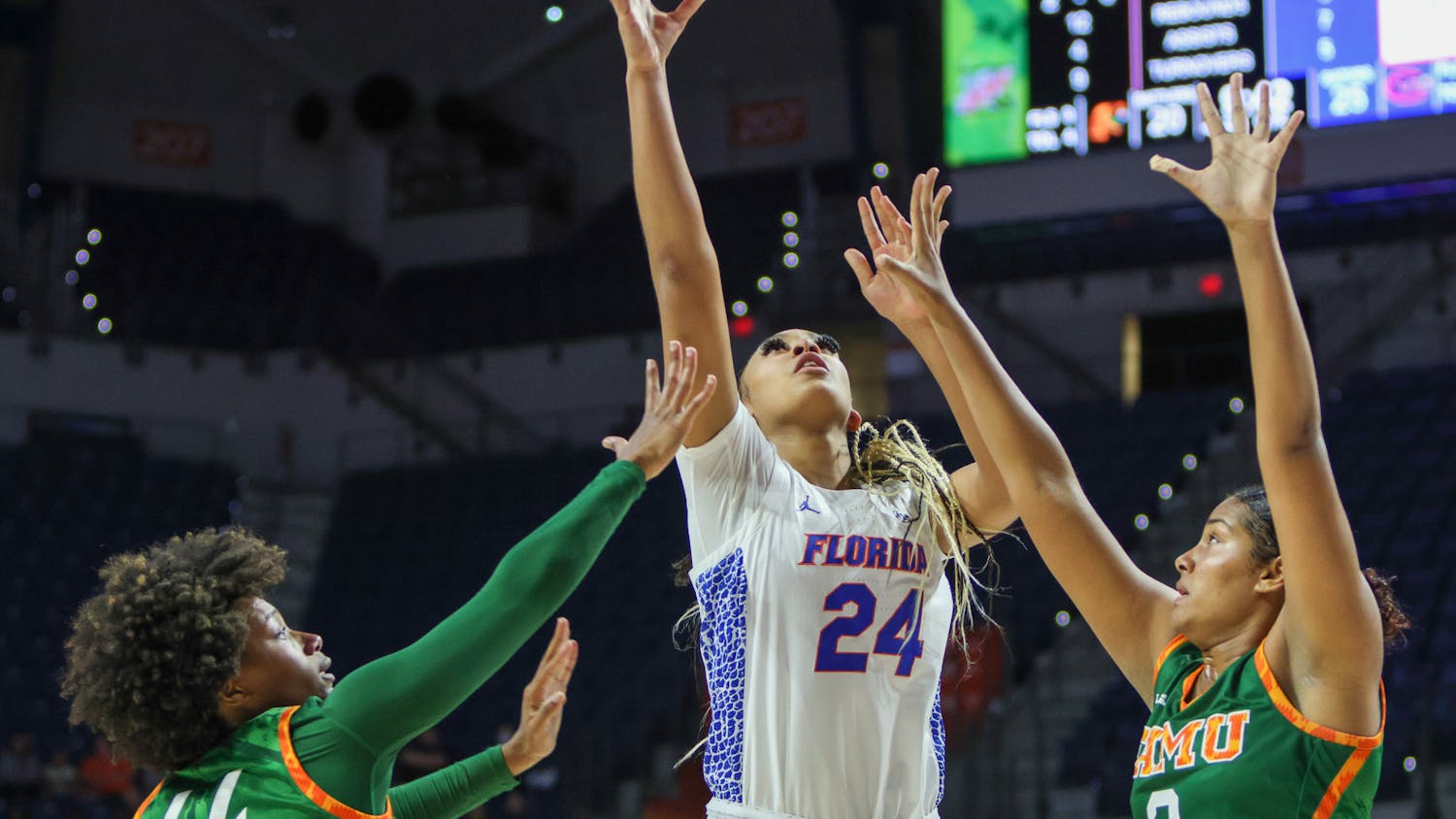 Florida center Ra Shaya Kyle puts up a shot in the Gators&#x27; win over the Florida A&amp;M Rattlers Monday, Nov. 7, 2022.