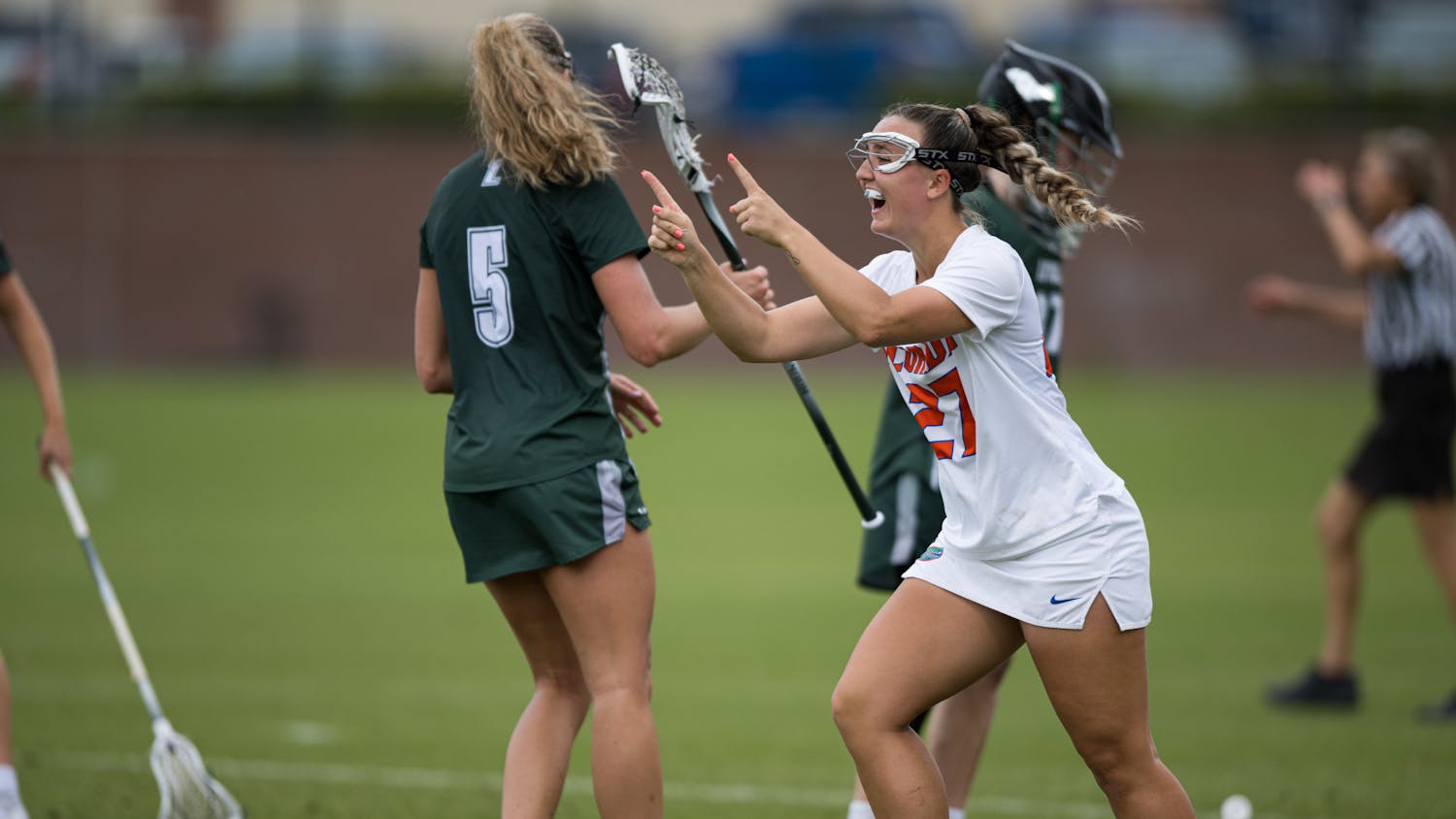 Florida Gators attack Gianna Monaco (27) celebrates after scoring a goal in a lacrosse game against Loyola Maryland in Gainesville, Fla., on Saturday, March 8, 2025.