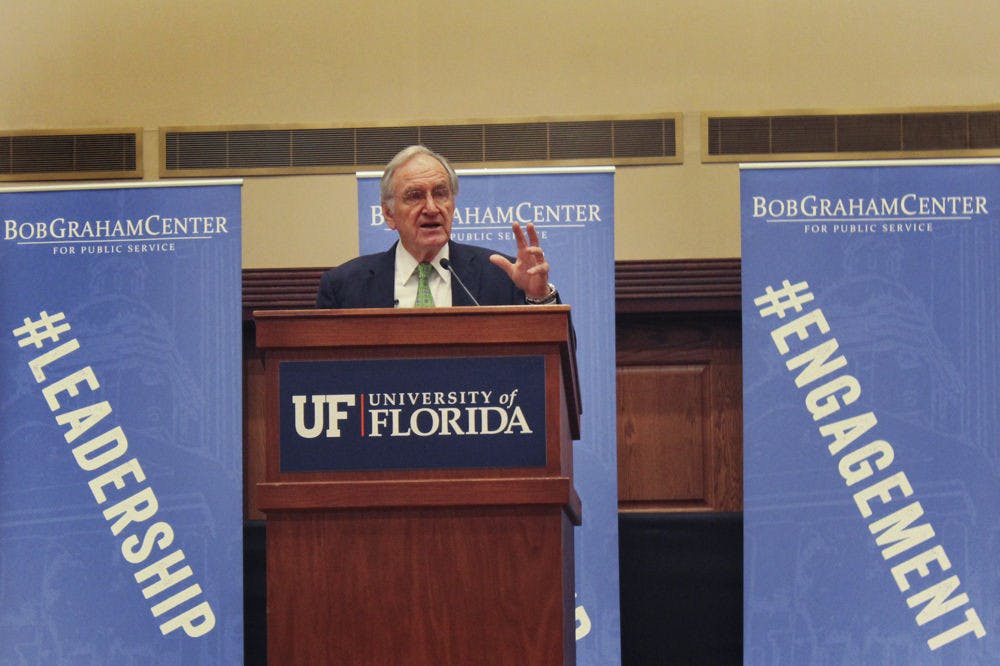 <p>Tom Harkin speaks in the Reitz Union Grand Ballroom on Oct. 20, 2015. He talked about the impacts of the Americans with Disabilities Act, saying it “opened up the Court’s doors” to people with disabilities.</p>