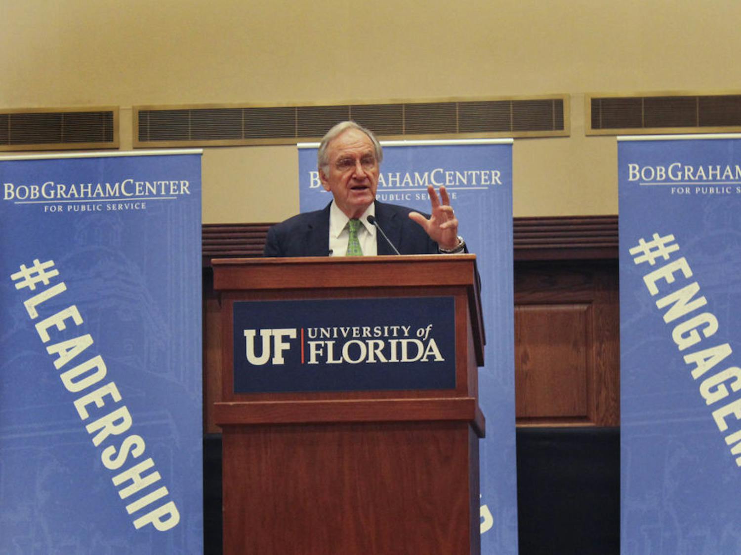 Tom Harkin speaks in the Reitz Union Grand Ballroom on Oct. 20, 2015. He talked about the impacts of the Americans with Disabilities Act, saying it “opened up the Court’s doors” to people with disabilities.
