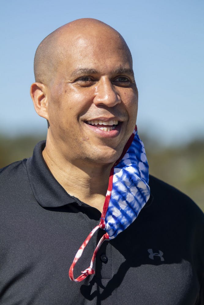 Senator Cory Booker speaks to a crowd at Depot Park during the “Good Trouble” rally on Saturday, Oct. 31, 2020.&nbsp;
