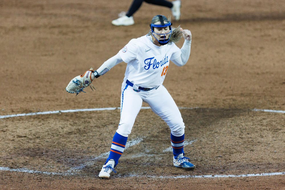 Florida Gators left handed pitcher Olivia Miller celebrates a bases loaded strike out to end the inning during an NCAA softball game against Stetson, Wednesday, March 25, 2026, in Gainesville, Fla.