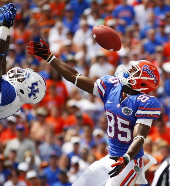 Redshirt senior wideout Frankie Hammond Jr. misses a pass thrown by Jeff Driskel during Florida’s 38-0 win against Kentucky on Sept. 22 at Ben Hill Griffin Stadium.&nbsp;