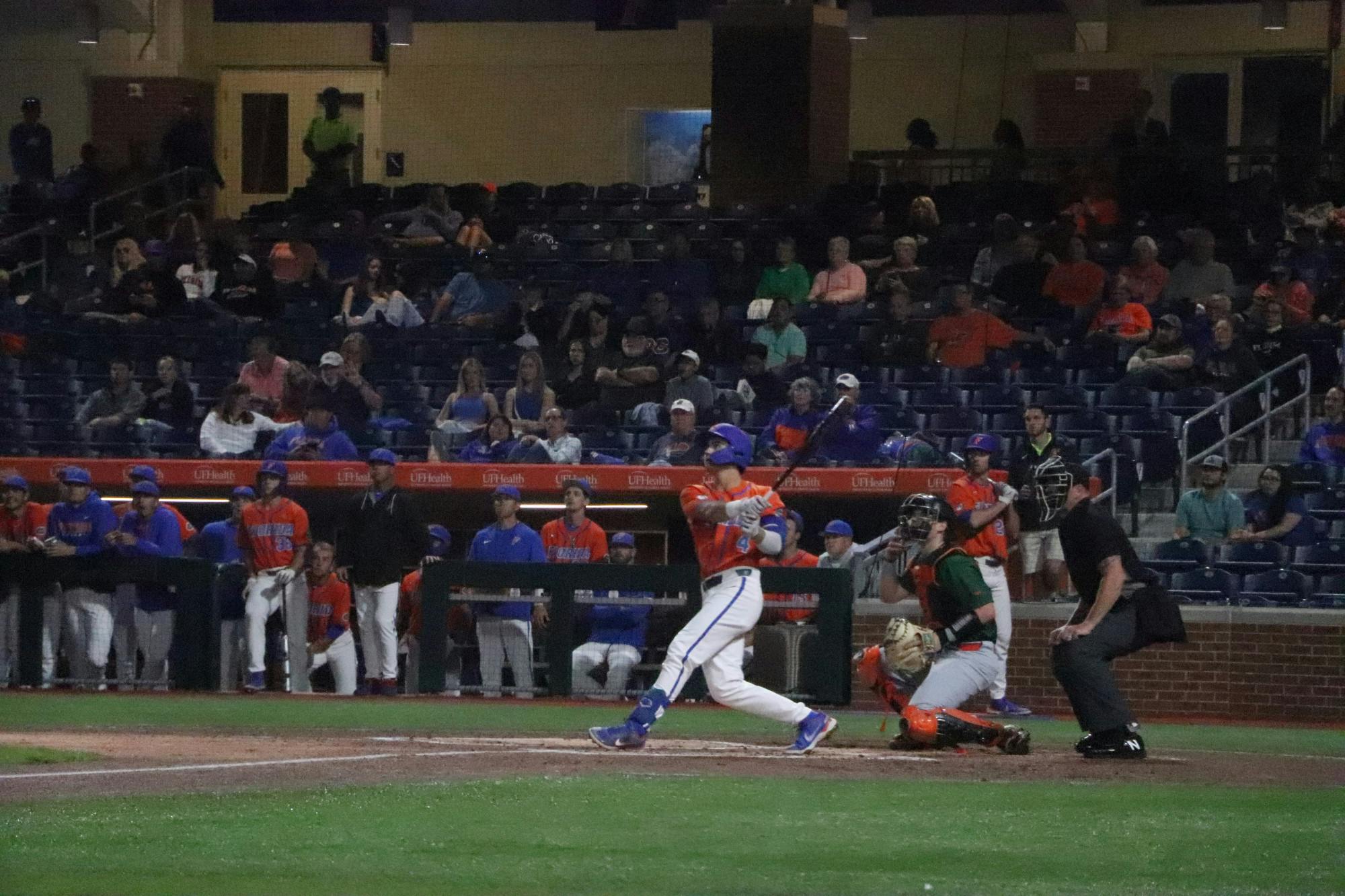 Jud Fabian nails a home run shot to center field. Florida edged Bethune-Cookman Tuesday night, 3-2.