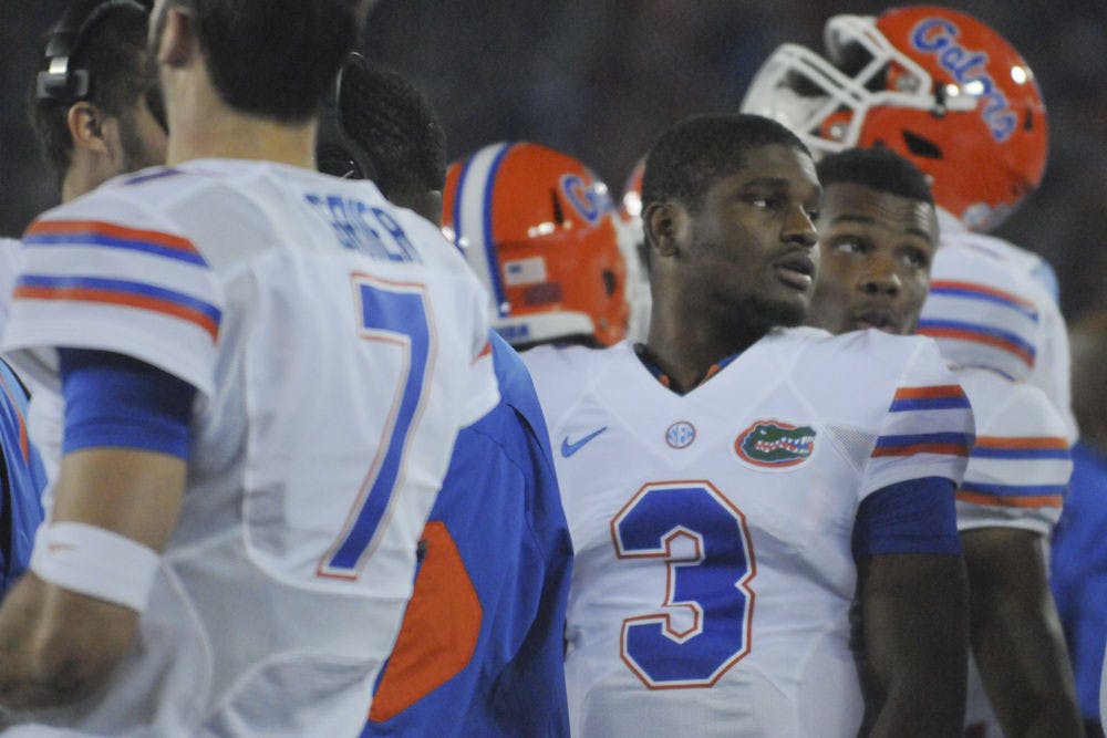 <p>UF quarterback Treon Harris (3) watches on from the sidelines during Florida's 14-9 win against Kentucky on Sept. 19, 2015, at Commonwealth Stadium in Lexington, Kentucky</p>