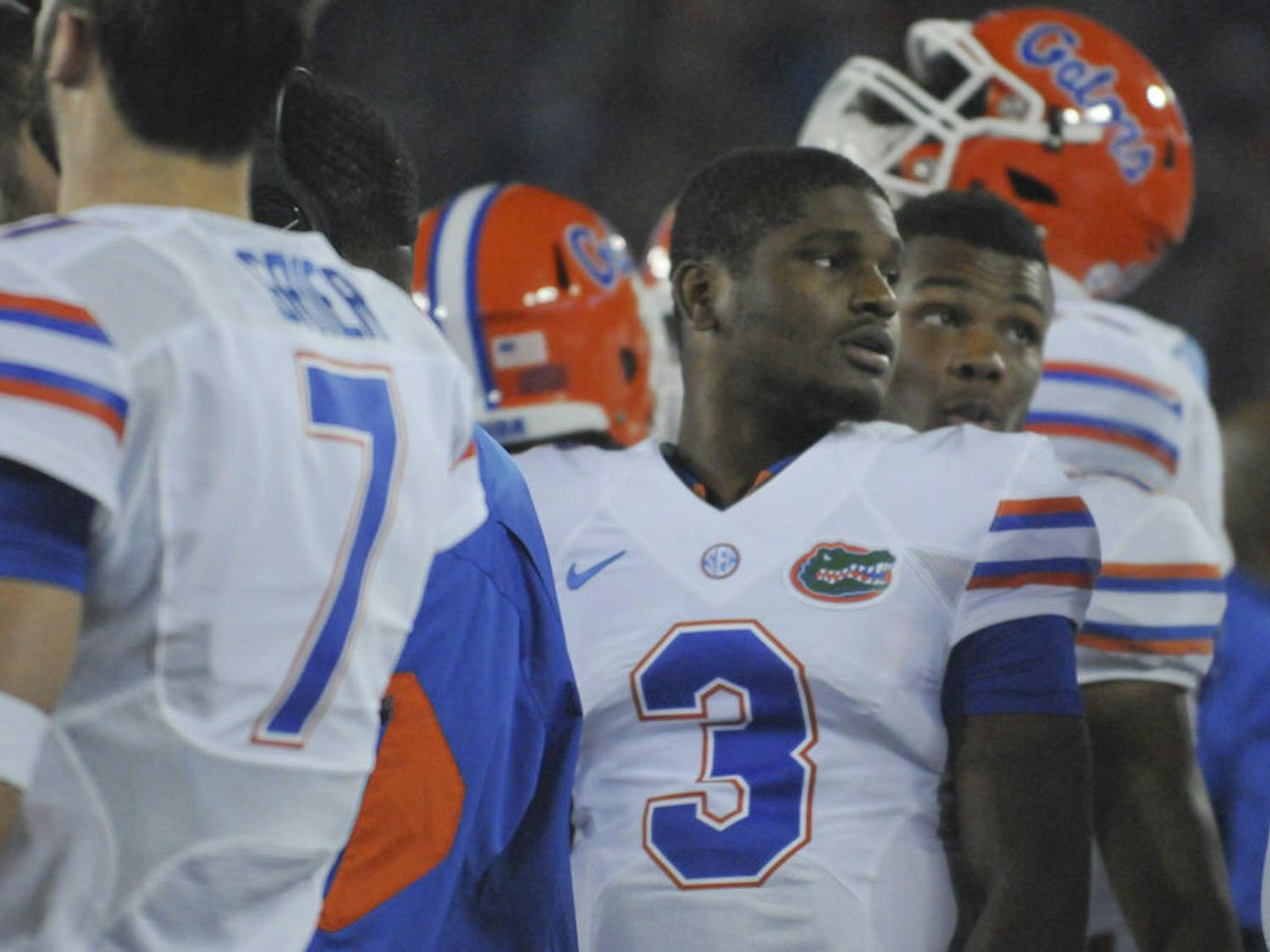 UF quarterback Treon Harris (3) watches on from the sidelines during Florida's 14-9 win against Kentucky on Sept. 19, 2015, at Commonwealth Stadium in Lexington, Kentucky