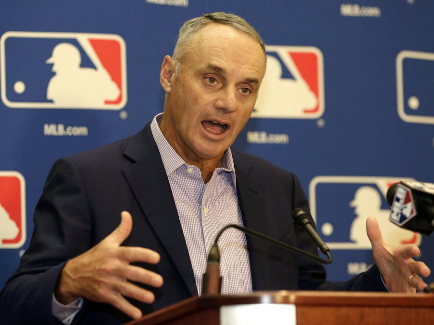 Major League Baseball Commissioner Rob Manfred speaks during a news conference following a meeting with MLB owners, Friday, Feb. 3, 2017, in Palm Beach, Fla. (AP Photo/Lynne Sladky)