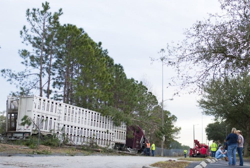 <p>A semitruck carrying cattle ran off the road on Interstate 75 in Gainesville on Saturday afternoon. The crashed caused northbound and southbound traffic to slow down while officials gathered escaped cows. One person was treated for injuries and taken to Shands at UF. By 5 p.m., traffic reopened for all lanes.</p>