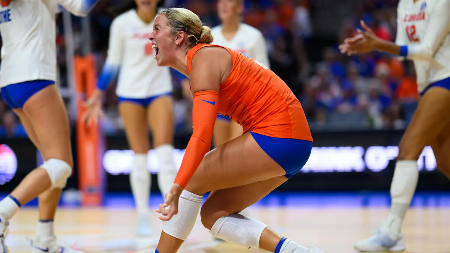 Florida libero Lily Hayes (13) celebrates winning a point during an NCAA Volleyball match against FAU, Friday, Sept. 11, 2026, in Gainesville, Fla.