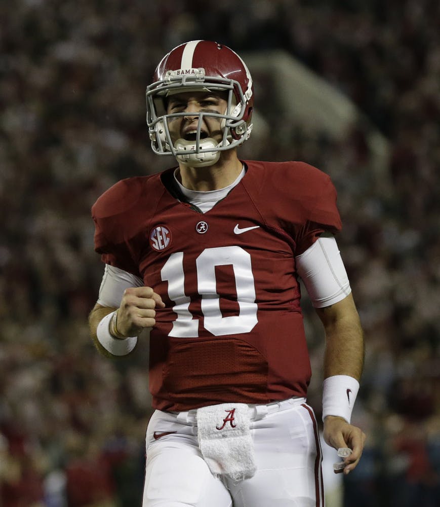 Alabama quarterback AJ McCarron (10) celebrates a touchdown against LSU on Nov. 9 in Tuscaloosa, Ala.
