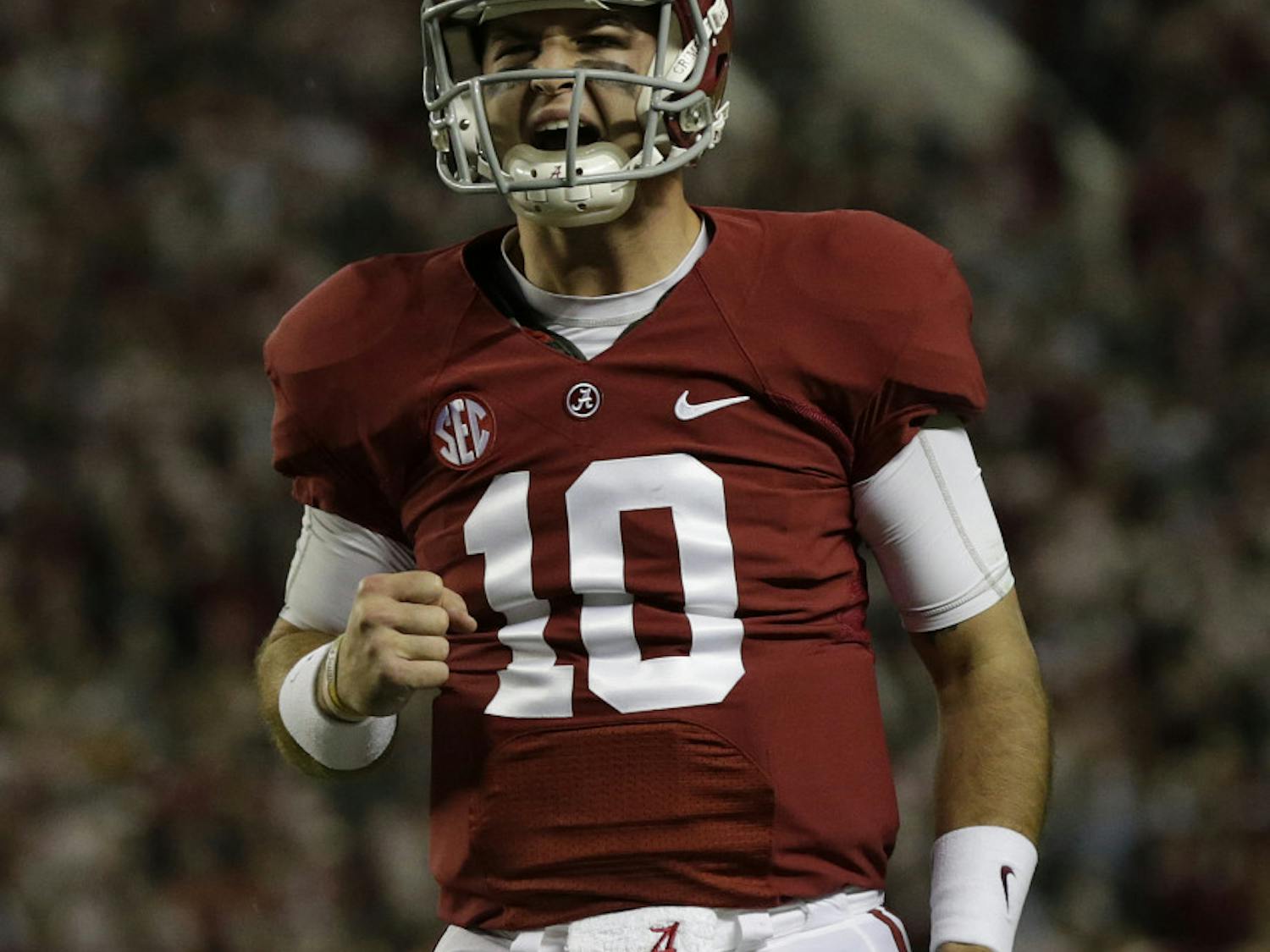 Alabama quarterback AJ McCarron (10) celebrates a touchdown against LSU on Nov. 9 in Tuscaloosa, Ala.