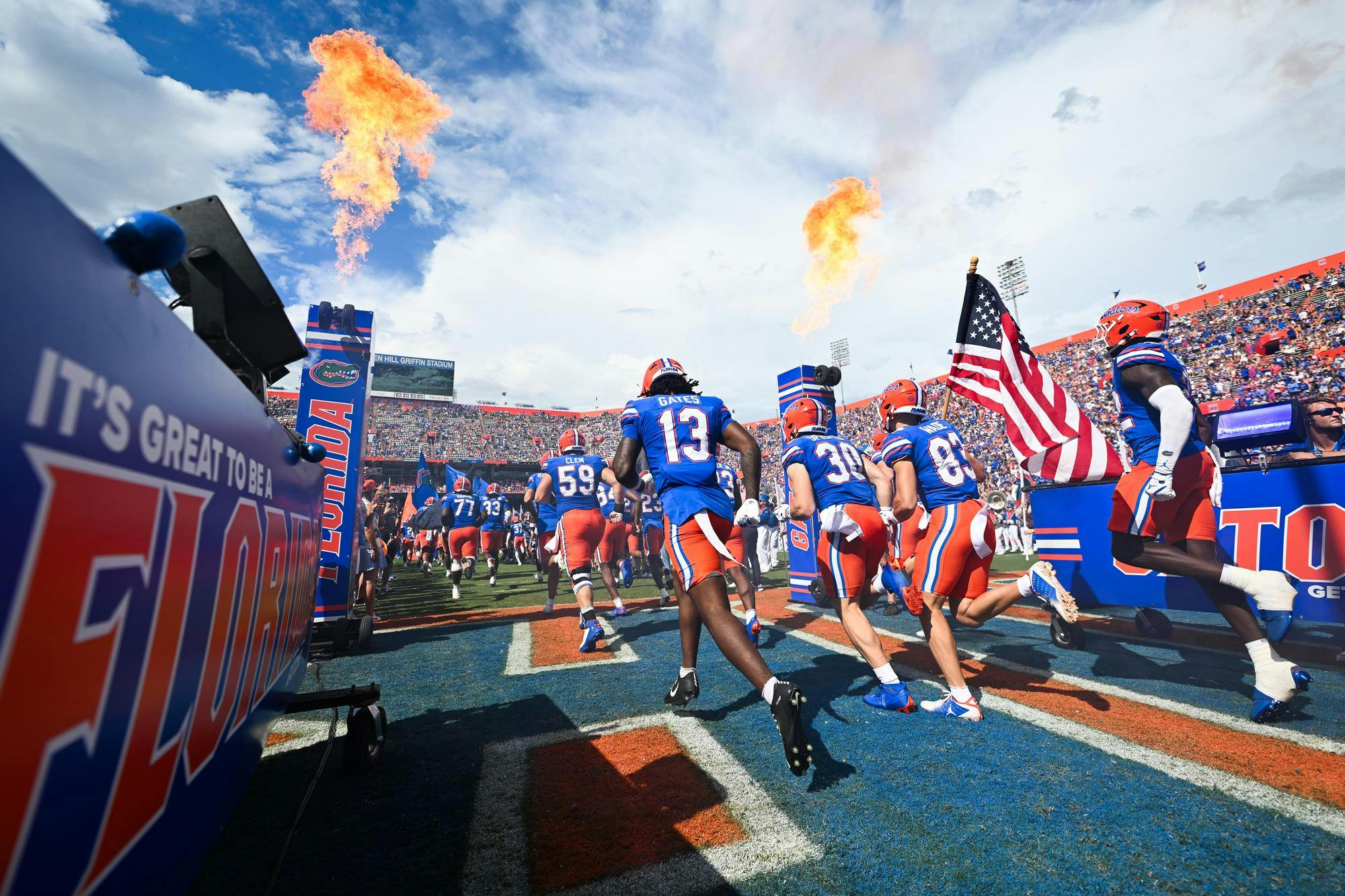 The Florida Gators football team runs onto the field before 
a football game between the South Florida Bulls and the Florida Gators on Sept. 6, 2025, at Ben Hill Griffin Stadium in Gainesville, Fla.