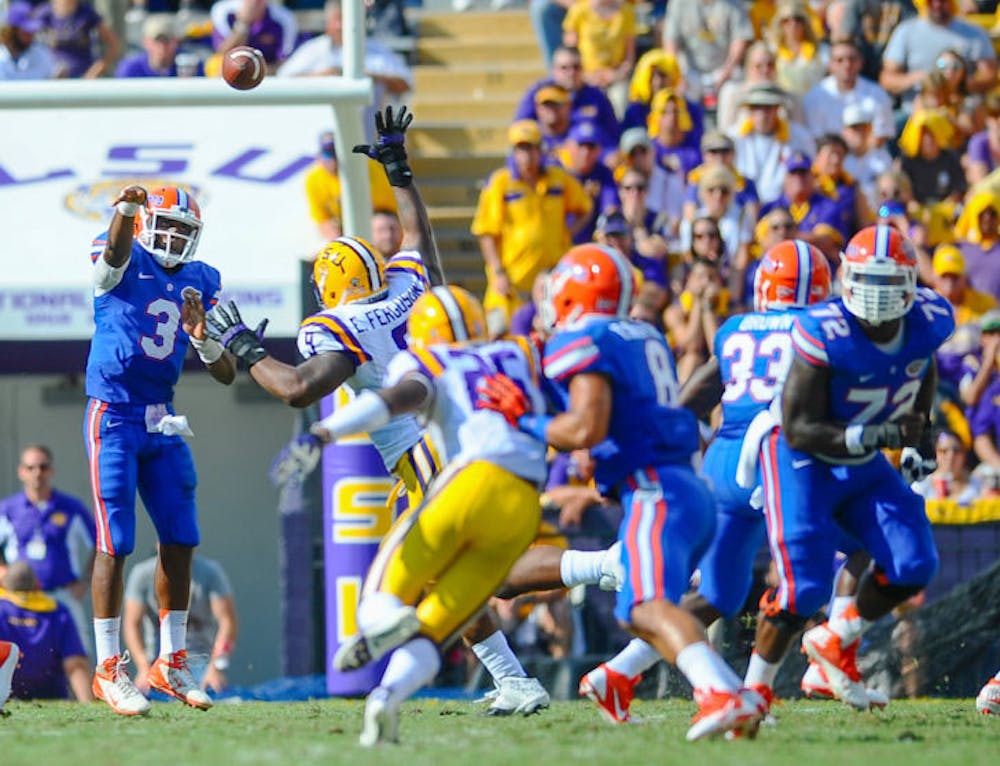 <p>Tyler Murphy throws a pass during Florida’s 17-6 loss to LSU on Saturday at Tiger Stadium in Baton Rouge, La. The Gators will be tested on Saturday when No. 22 Florida travels to face No. 14 Missouri.</p>