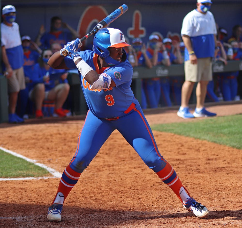 Florida's Jaimie Hoover stands in the batter's box against Louisville February 27. Hoover drove home the winning run over Missouri Friday to advance the Gators to the SEC Tournament final.