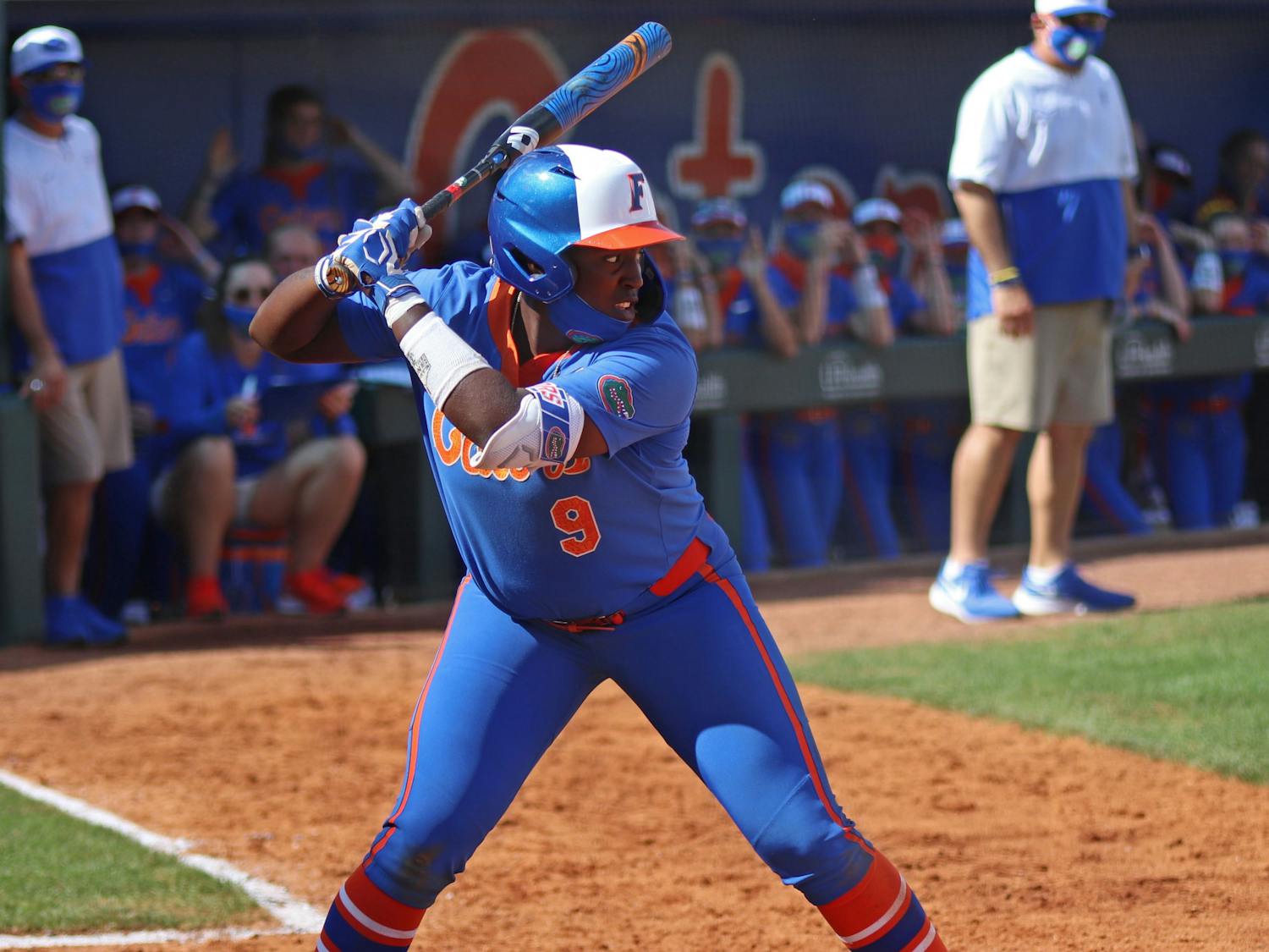 Florida's Jaimie Hoover stands in the batter's box against Louisville February 27. Hoover drove home the winning run over Missouri Friday to advance the Gators to the SEC Tournament final.
