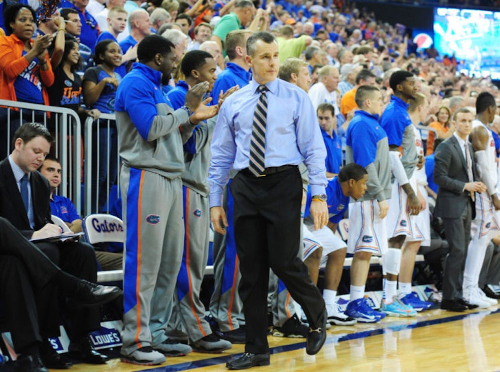 <p align="justify">Billy Donovan looks onto the court during Florida’s 71-66 win against Auburn on Feb. 19 in the O’Connell Center. Donovan and the Gators will play the Bruins tonight at 9:45 p.m. in Memphis, Tenn.</p>