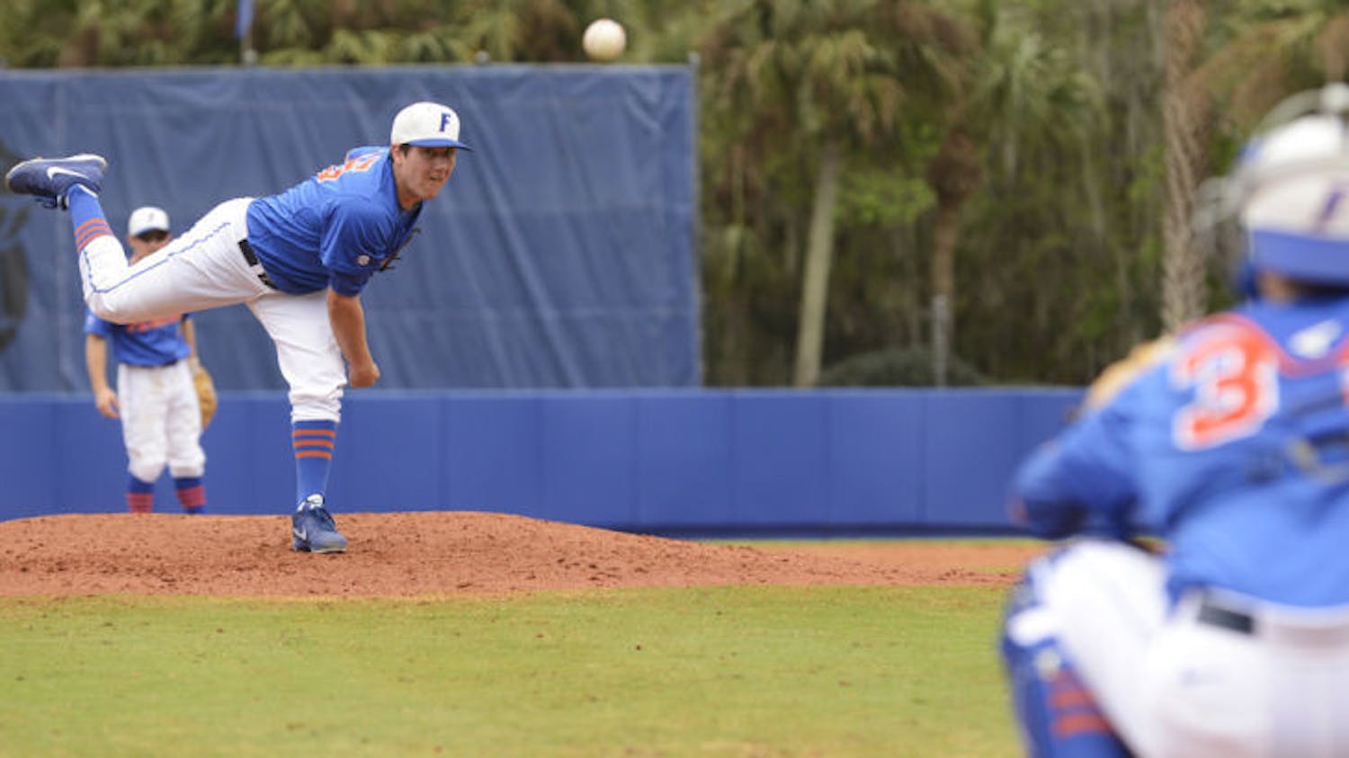 UF sophomore Johnny Magliozzi warms up against Florida Gulf Coast University on February 24. Magliozzi may start on Saturday or pitch out of bullpen in Florida’s weekend series against Georgia.