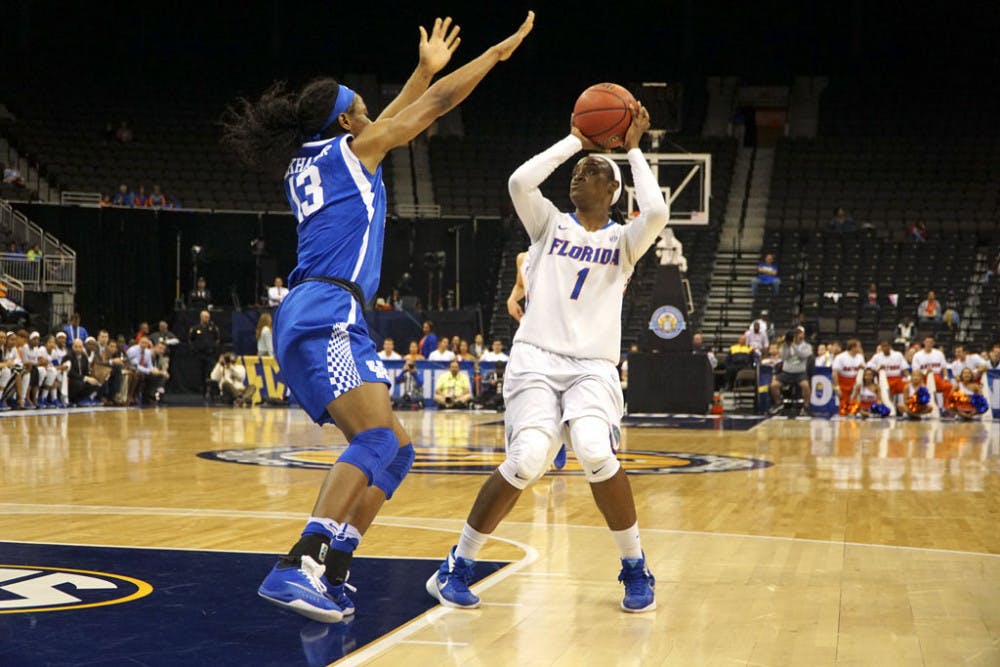 <p>Florida's Ronni Williams shoots the ball during UF's 92-69 loss to Kentucky in the SEC Tournament on March 4, 2016, in the Jacksonville Veterans Memorial Arena.&nbsp;</p>