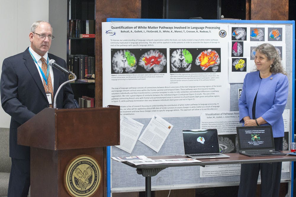 Thomas Wisnieski, director of North Florida/South Georgia Veterans Health System, and Dr. Janis Daly, director of the Brain Rehabilitation Research Center, speak at the open house Tuesday afternoon.&nbsp;