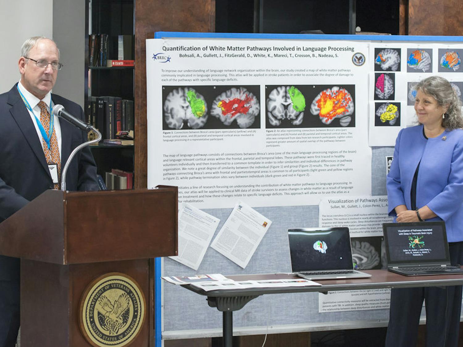 Thomas Wisnieski, director of North Florida/South Georgia Veterans Health System, and Dr. Janis Daly, director of the Brain Rehabilitation Research Center, speak at the open house Tuesday afternoon.&nbsp;