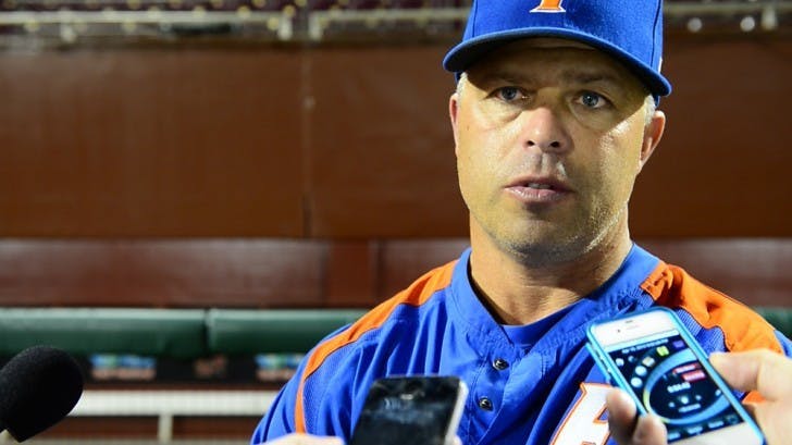 Florida coach Kevin O’Sullivan talks to the media following Tuesday night’s win against Florida State. O’Sullivan said he started junior Brian Johnson because the Gators needed a win against the Seminoles after a recent slide.
