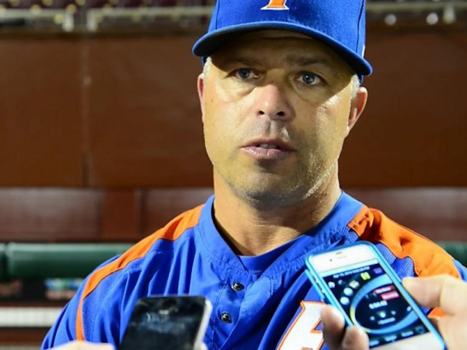 Florida coach Kevin O’Sullivan talks to the media following Tuesday night’s win against Florida State. O’Sullivan said he started junior Brian Johnson because the Gators needed a win against the Seminoles after a recent slide.