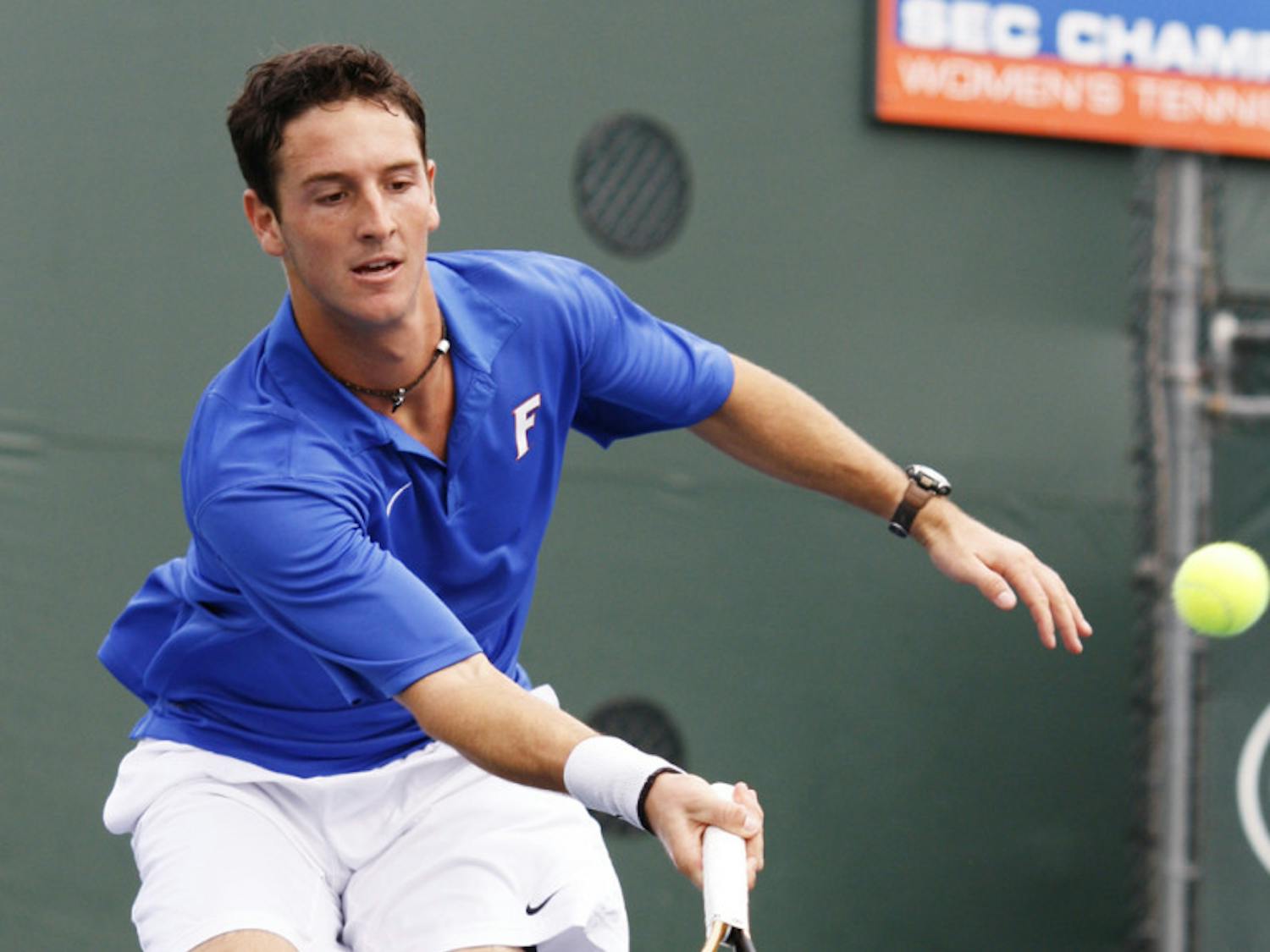 Gordon Watson hits a ball during Florida’s 7-0 win against St. John’s on Jan. 6, 2013. The junior won the singles event of the Gainesville ITA Circuits Draw on Monday.