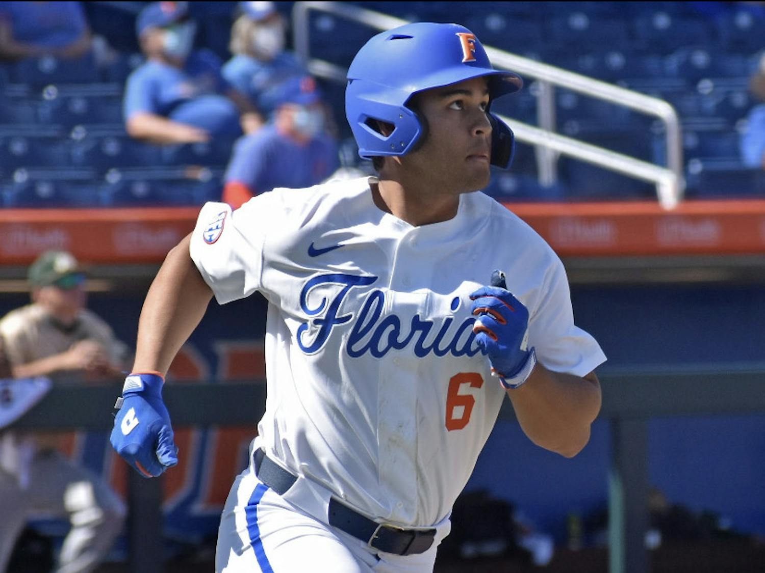 Outfielder Kendrick Calilao runs out of the batters box Mar. 14 against Jacksonville. The sophomore is one of just two Florida players without an error this season