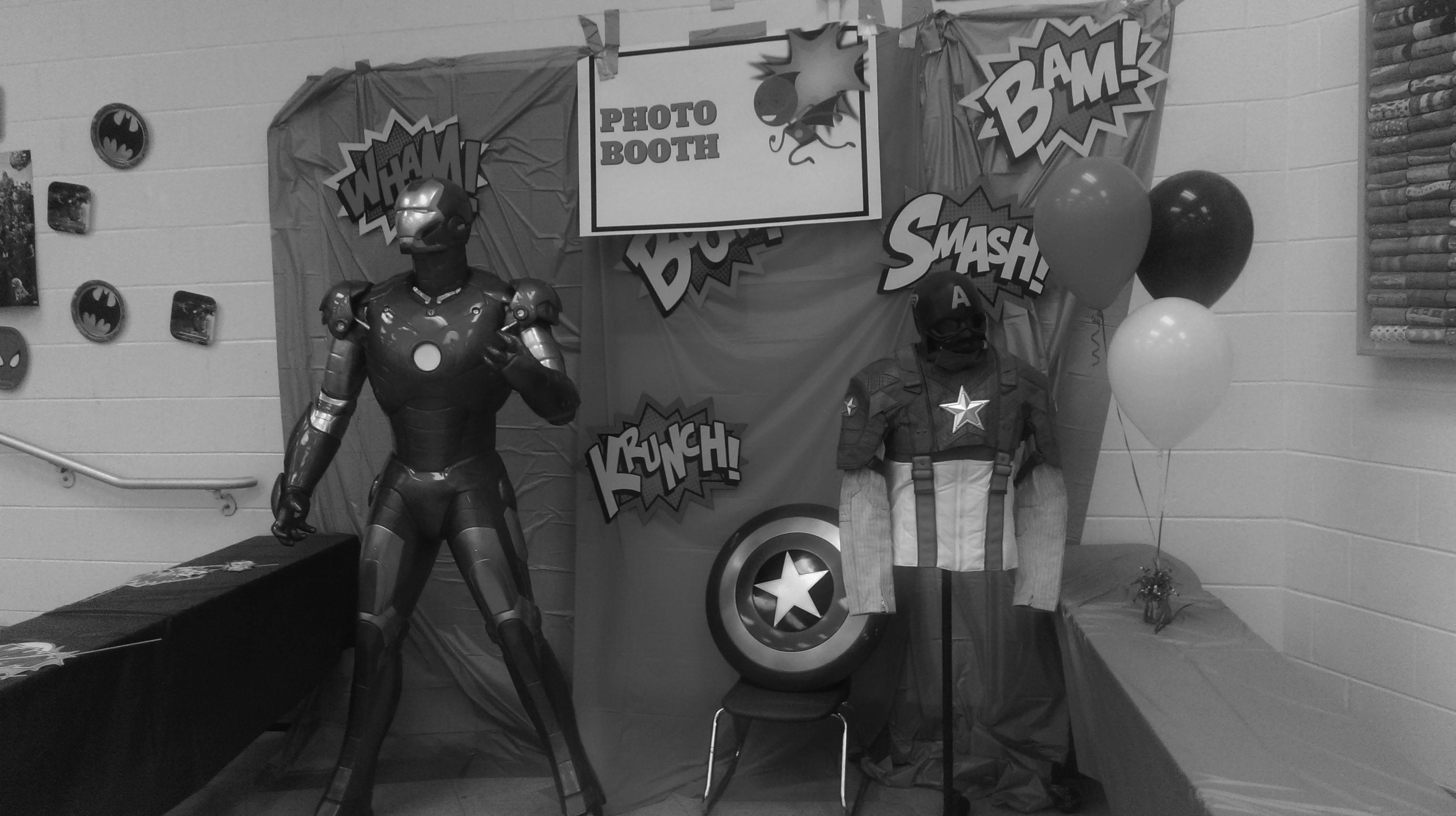 Kimball Wiles Elementary School parent-teachers association displayed a life-sized Iron Man replica and Captain America costume in the cafeteria for its superhero-themed Family Fun Day on April 29. The replicas were provided by James Coates, the CEO of local armor manufacturer Phalanx Defense Systems. 