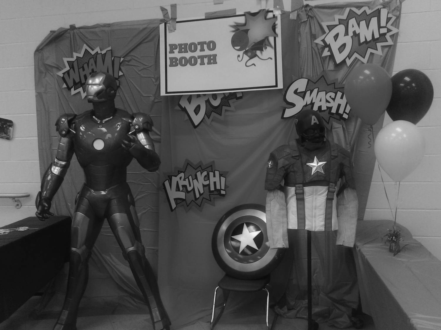 Kimball Wiles Elementary School parent-teachers association displayed a life-sized Iron Man replica and Captain America costume in the cafeteria for its superhero-themed Family Fun Day on April 29. The replicas were provided by James Coates, the CEO of local armor manufacturer Phalanx Defense Systems. 